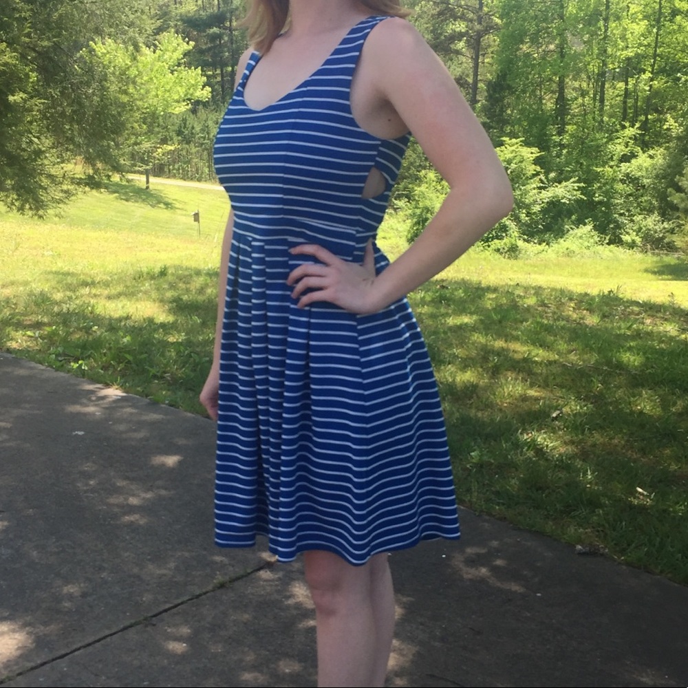 Open Back Cut Outs Royal Blue & White Striped Nautical Coastal Dress Sz S